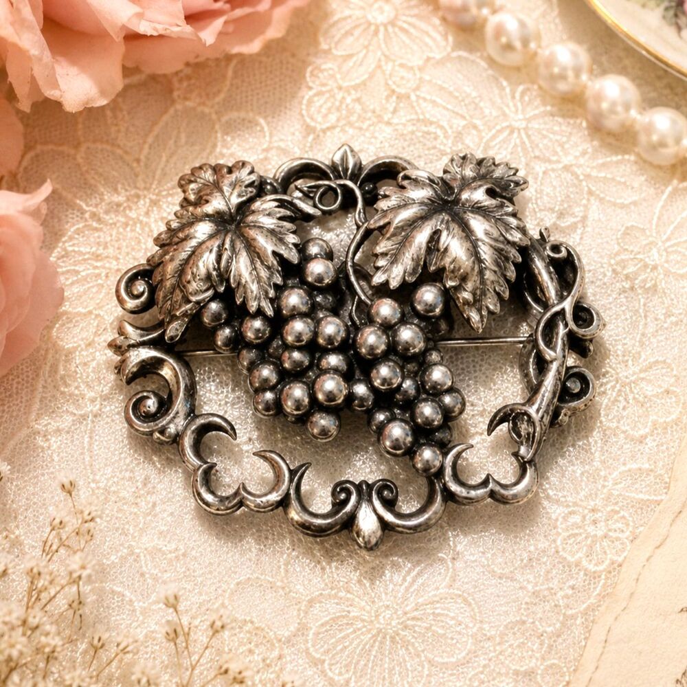 Vintage Silver Tone Grape Cluster Repousse Brooch